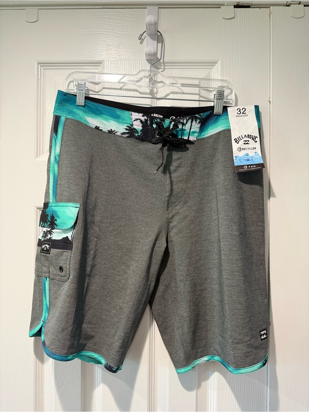 Billabong Men’s Gray & Teal Board Shorts with Palm Trim